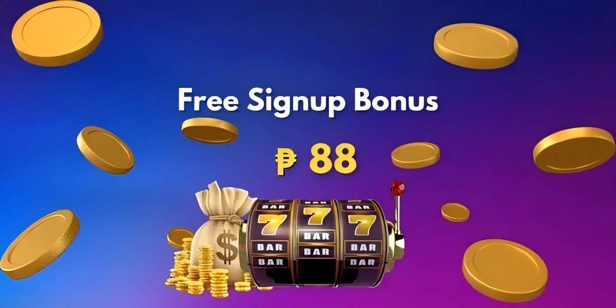 Free signup bonus banner with a triple-seven slot machine, a money bag, and gold coins on a blue-purple gradient