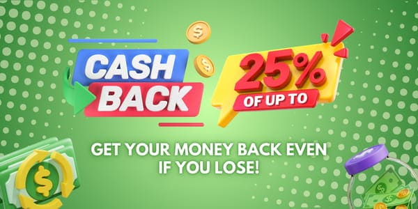 Cash back up to 25 percent banner on a green polka-dot background with 3D coins and cash